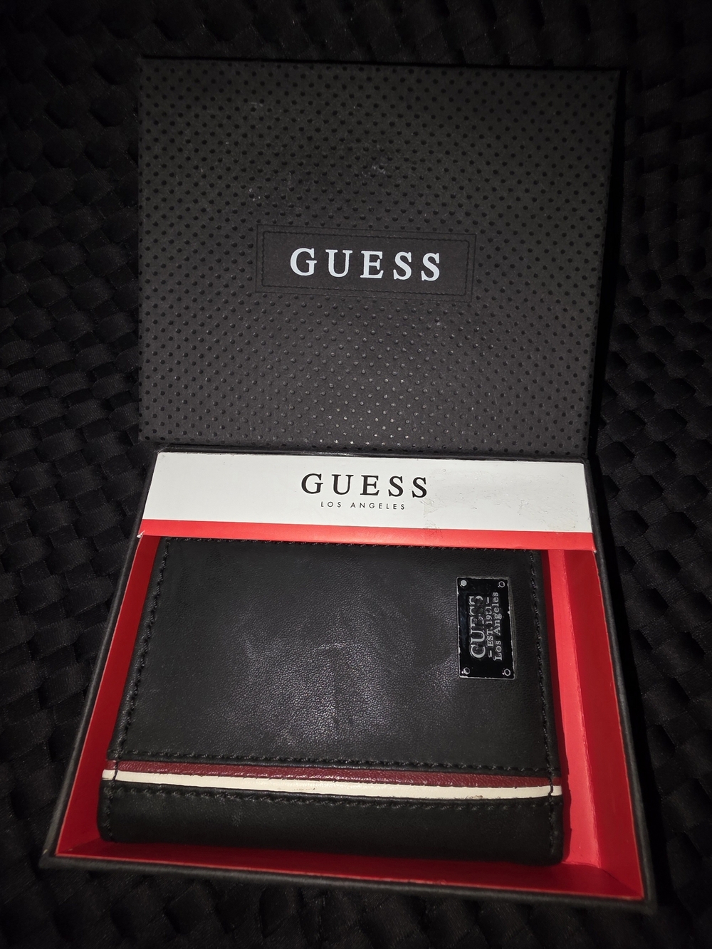 GUESS Men's Black Leather Bi-Fold Wallet with Stripe